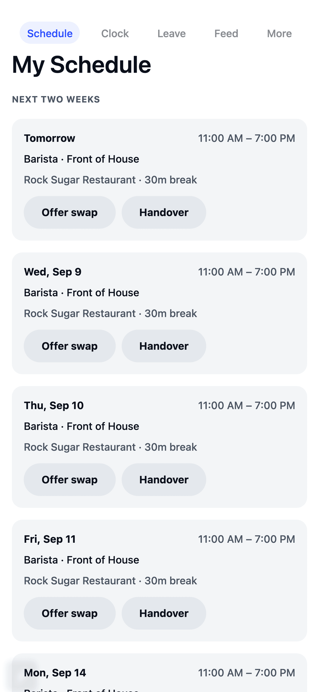 TEAM MATE schedule screen showing a week of shifts
