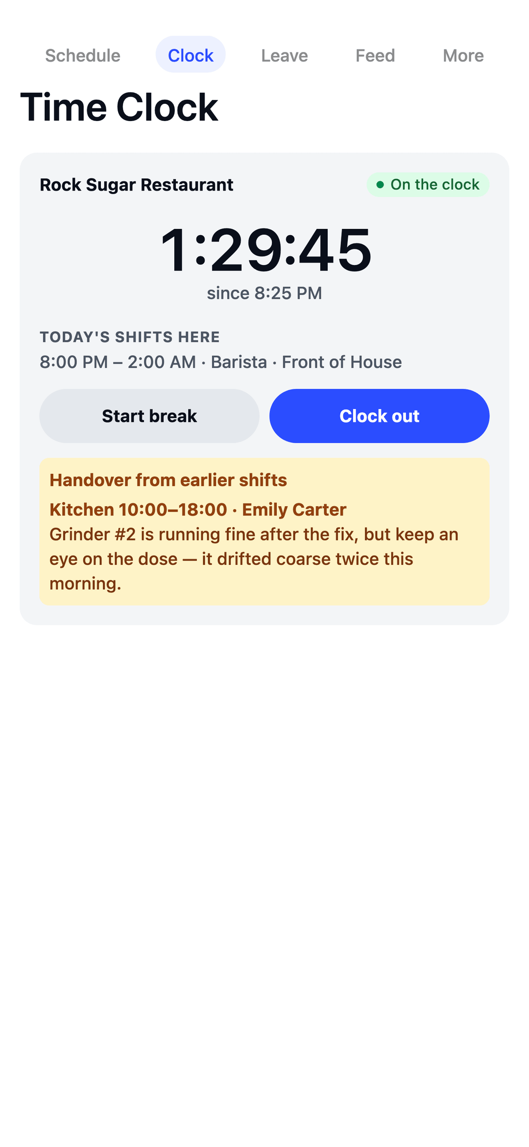 TEAM MATE clock screen with a shift timer running