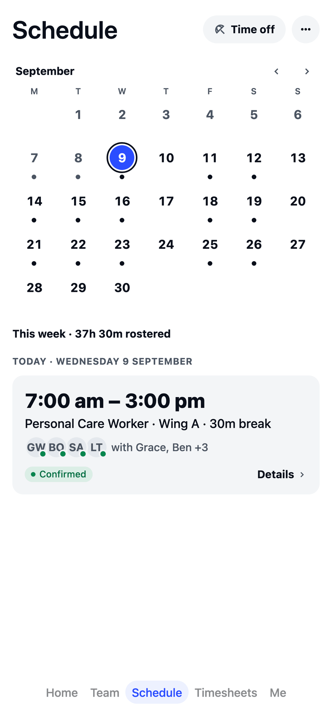 TEAM MATE Schedule screen: a personal care worker's week, with confirmed shifts
