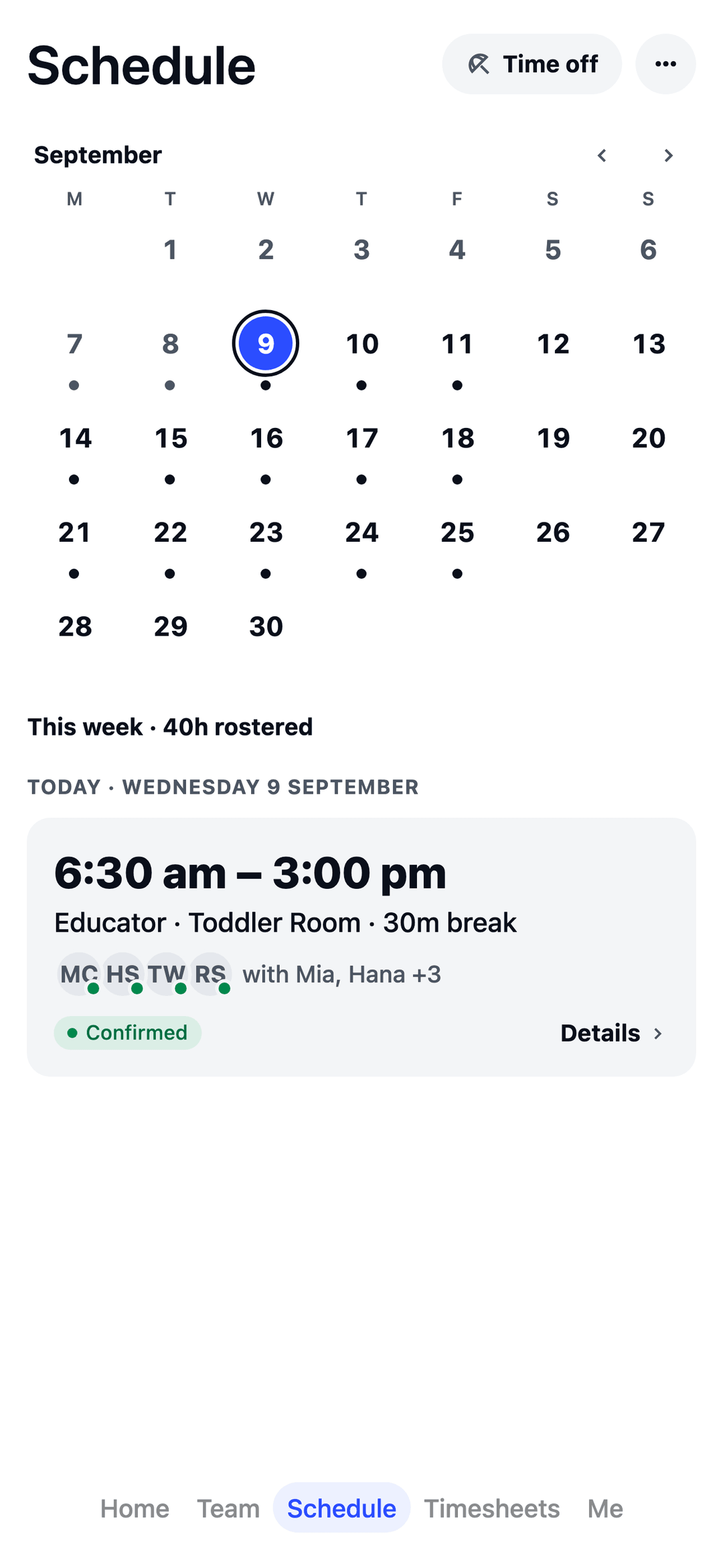 TEAM MATE Schedule screen: an educator's week, with confirmed shifts