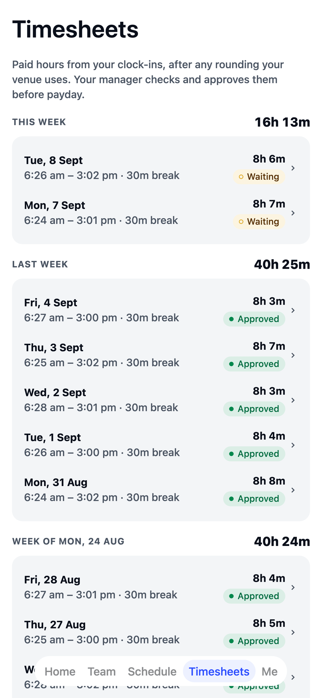 TEAM MATE Timesheets screen: an educator's paid hours, approved by the manager