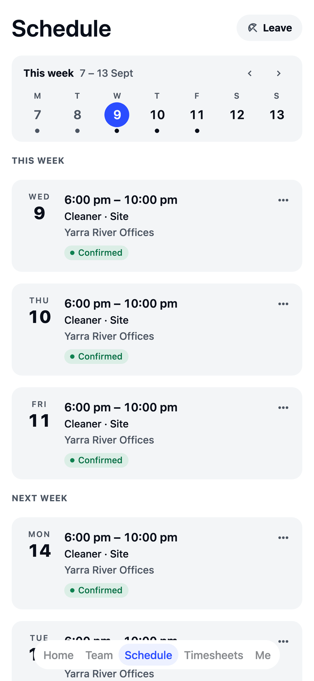 TEAM MATE Schedule screen: a cleaner's week, with confirmed shifts