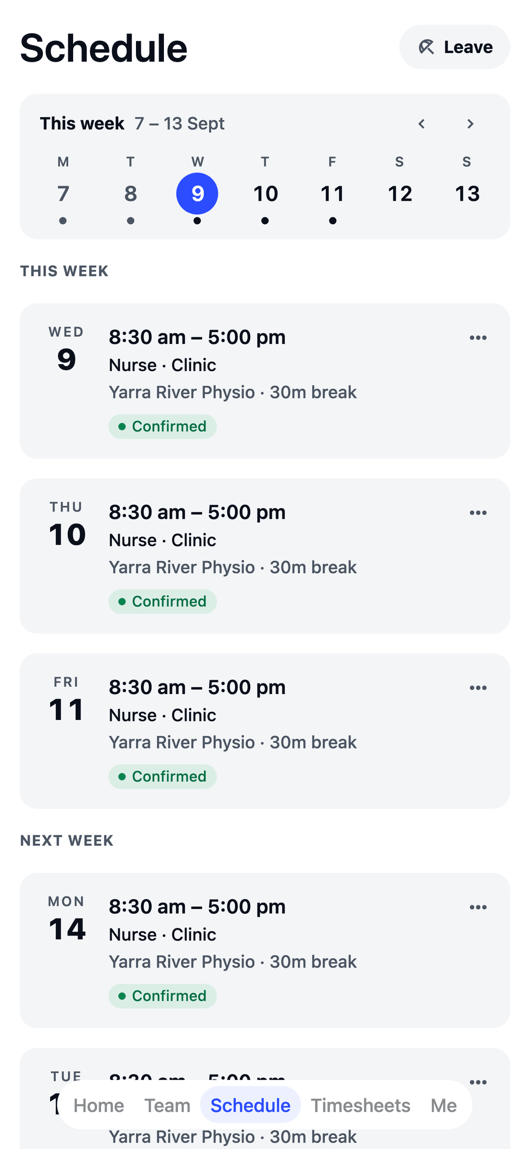 TEAM MATE Schedule screen: a nurse's week, with confirmed shifts