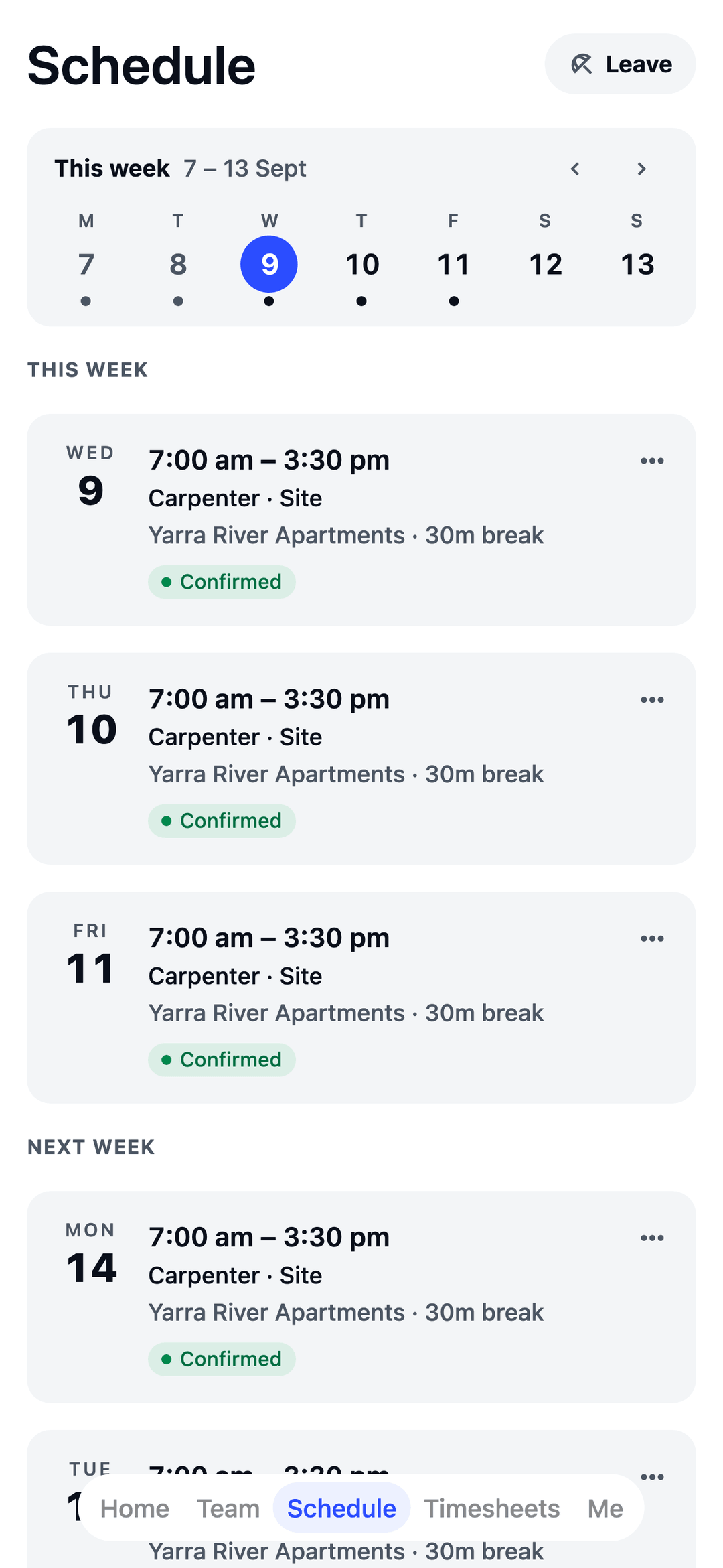 TEAM MATE Schedule screen: a carpenter's week, with confirmed shifts