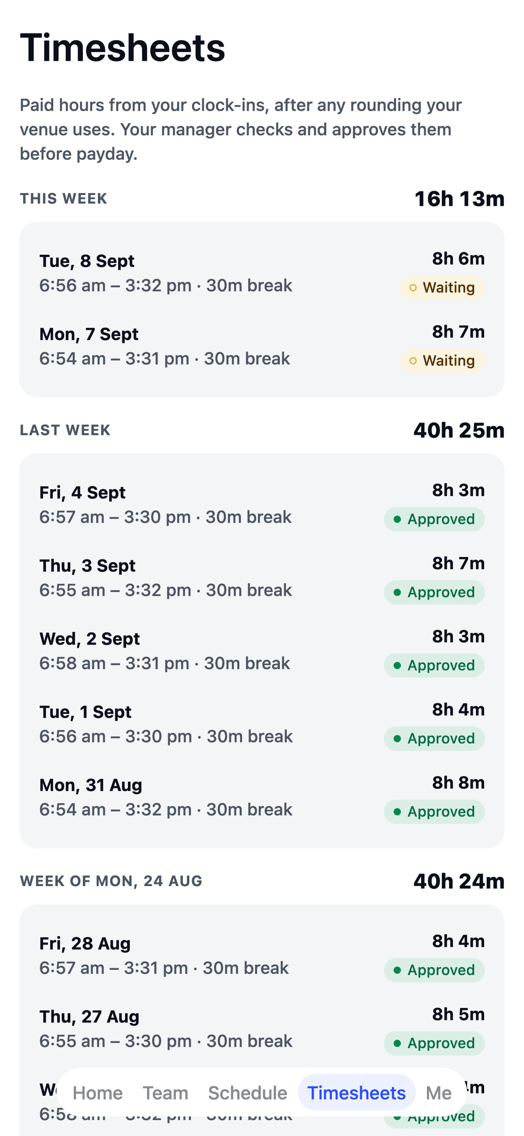 TEAM MATE Timesheets screen: a carpenter's paid hours, approved by the manager