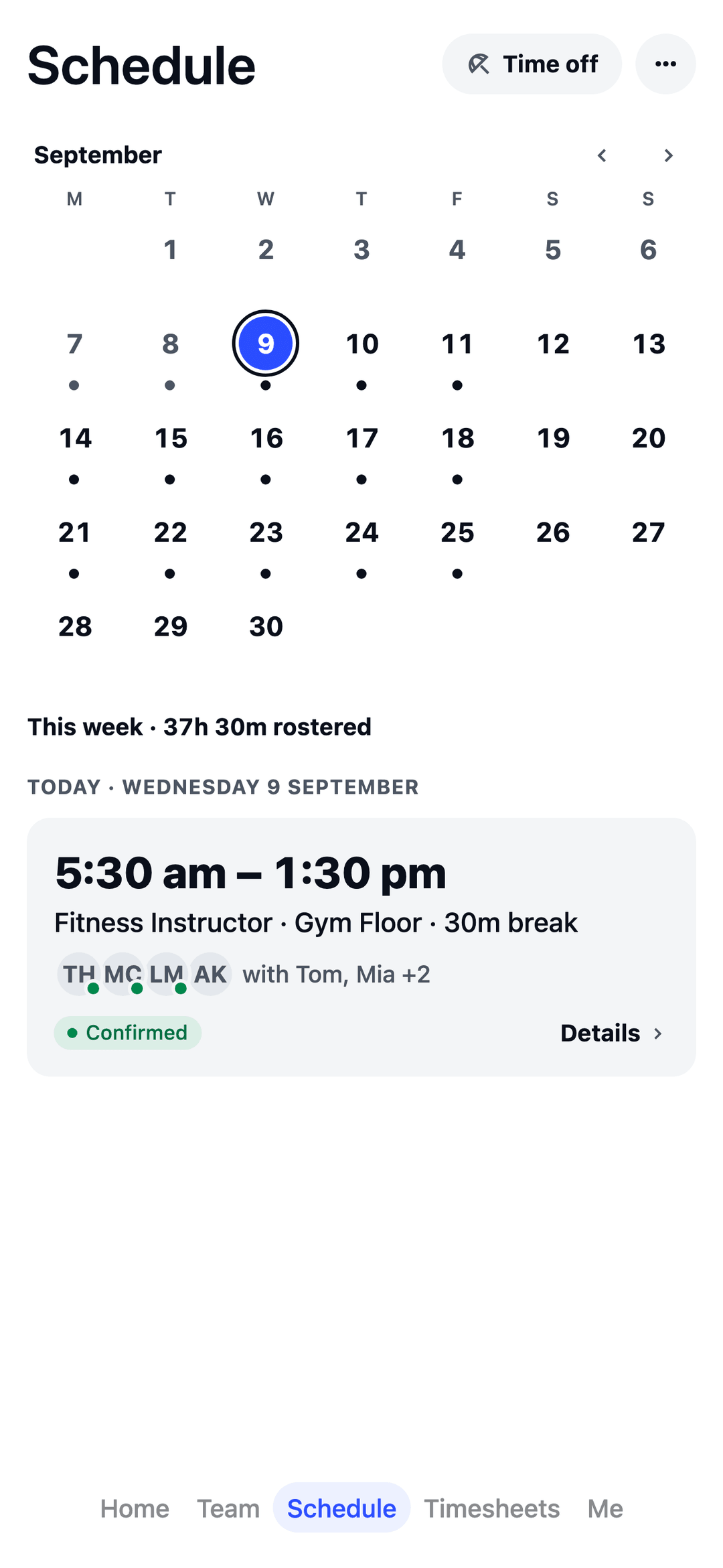 TEAM MATE Schedule screen: a fitness instructor's week, with confirmed shifts