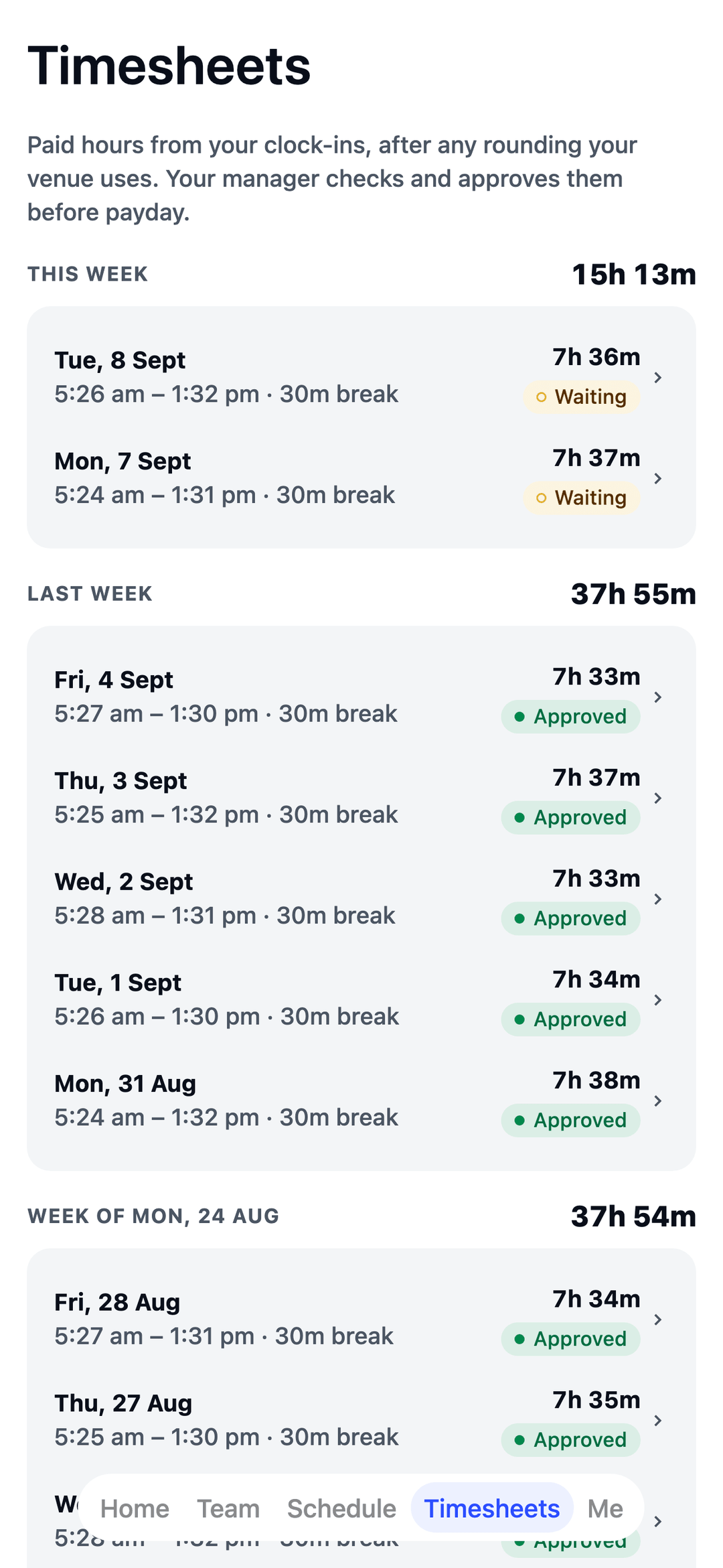 TEAM MATE Timesheets screen: a fitness instructor's paid hours, approved by the manager