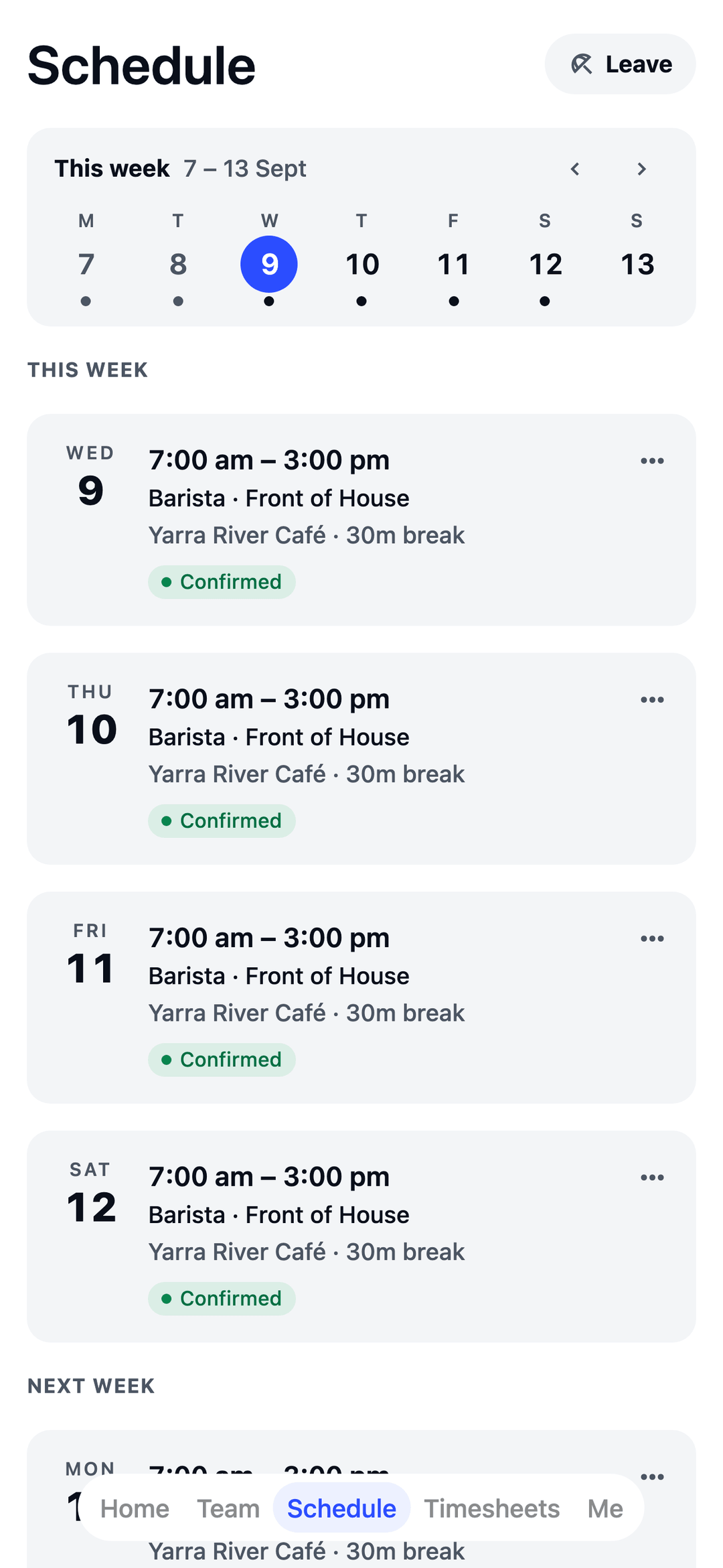 TEAM MATE Schedule screen: a barista's week, with confirmed shifts