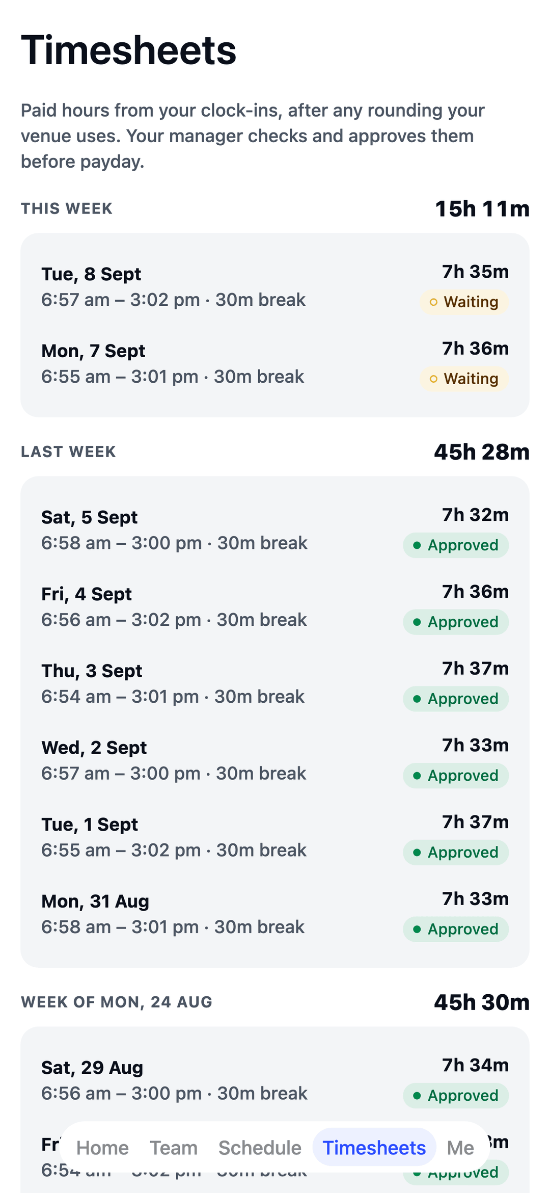 TEAM MATE Timesheets screen: a barista's paid hours, approved by the manager