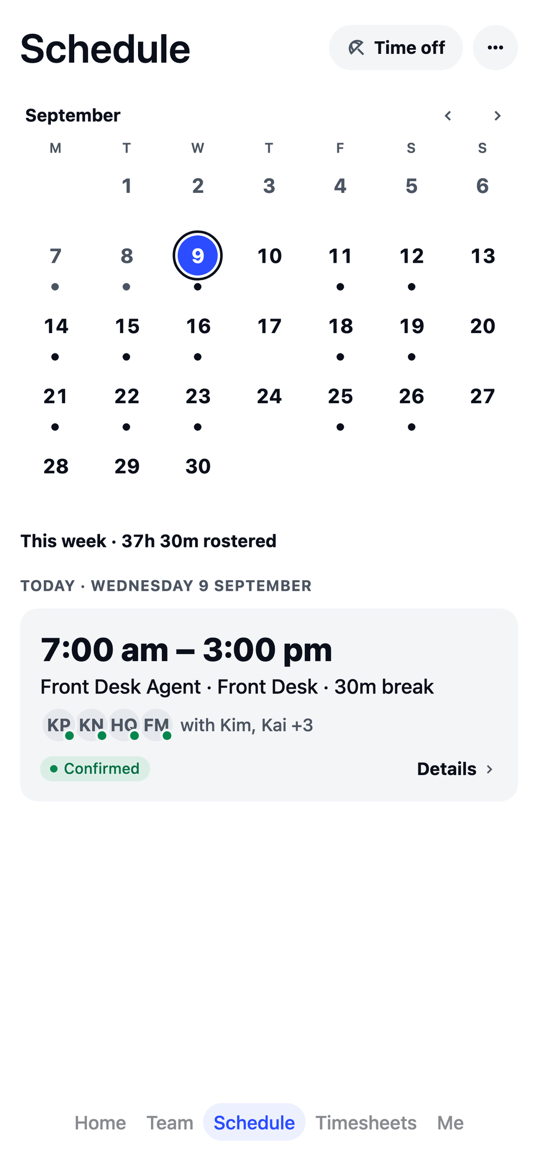 TEAM MATE Schedule screen: a front desk agent's week, with confirmed shifts