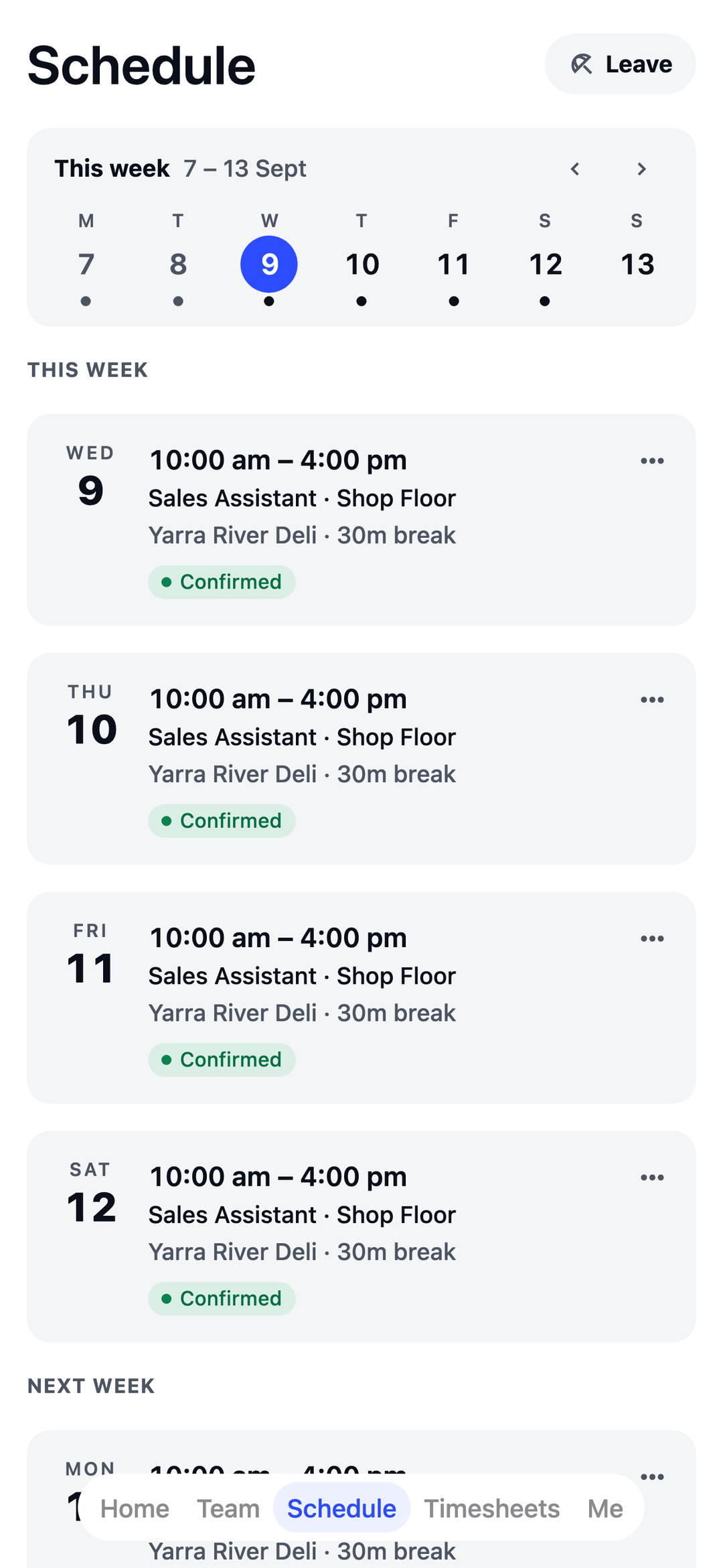 TEAM MATE Schedule screen: a sales assistant's week, with confirmed shifts