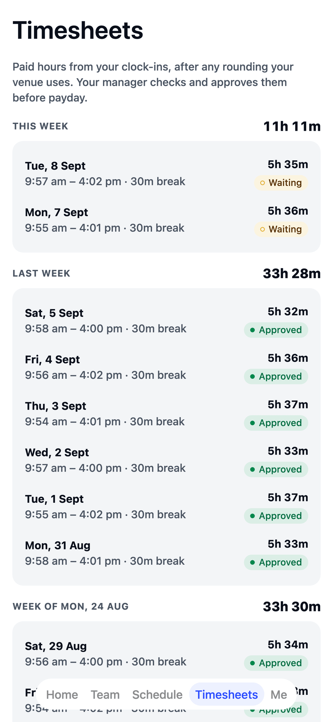 TEAM MATE Timesheets screen: a sales assistant's paid hours, approved by the manager