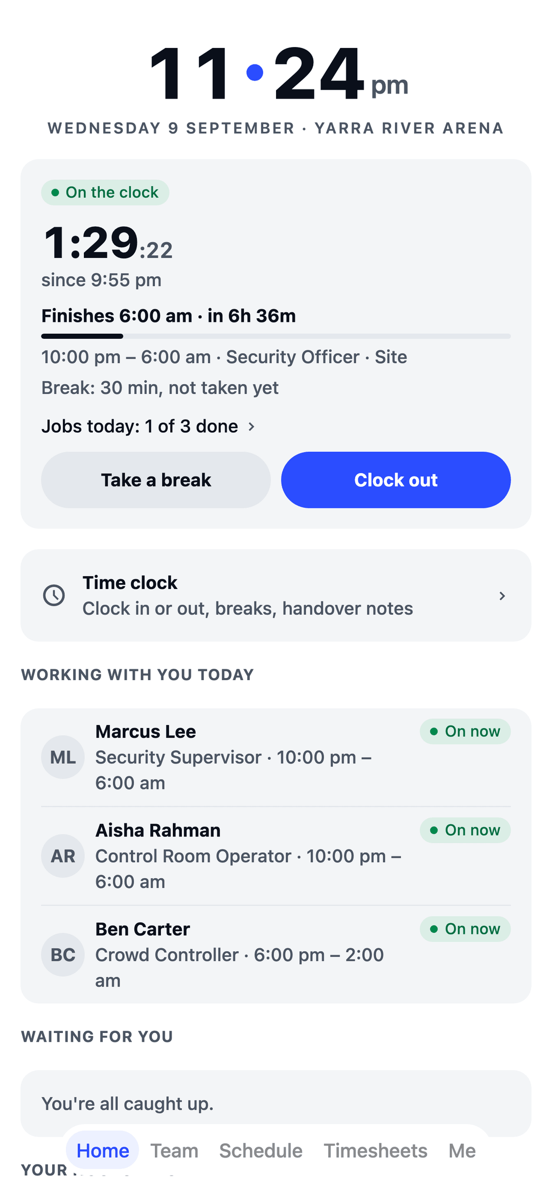 TEAM MATE Home screen: a security officer on the clock at an arena, with today's shift, jobs and who's working