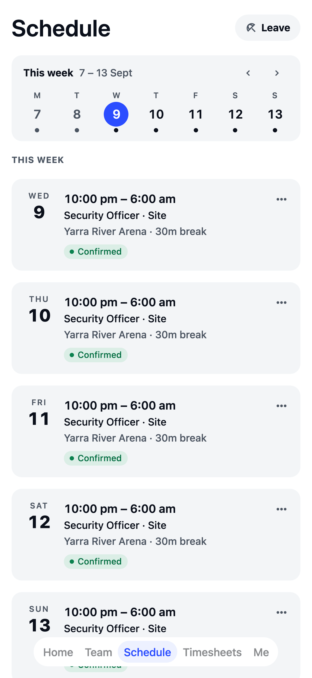 TEAM MATE Schedule screen: a security officer's week, with confirmed shifts