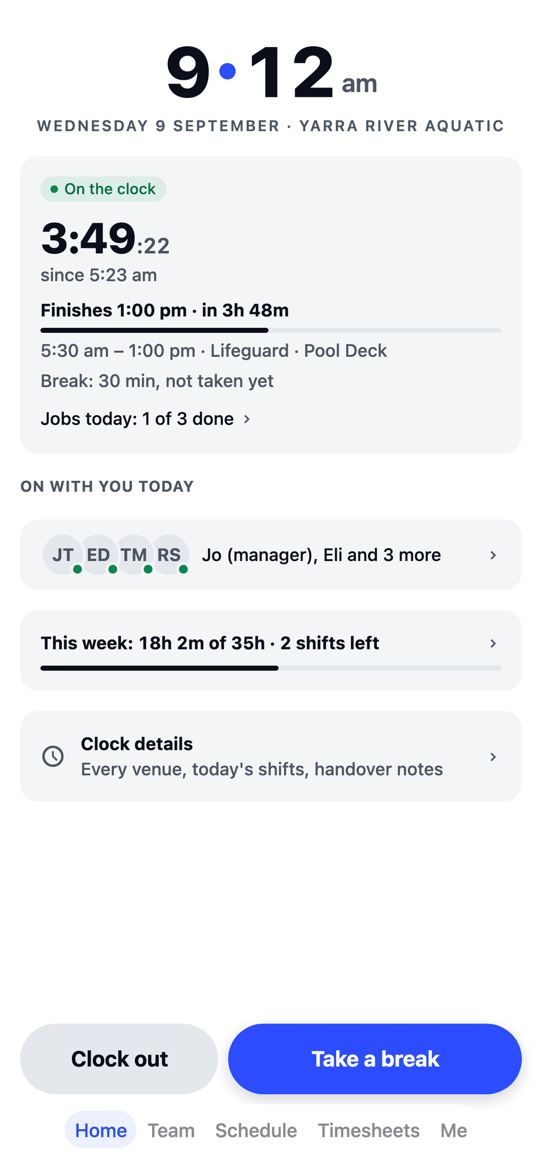 TEAM MATE Home screen: a lifeguard on the clock at a swim centre, with today's shift, jobs and who's working