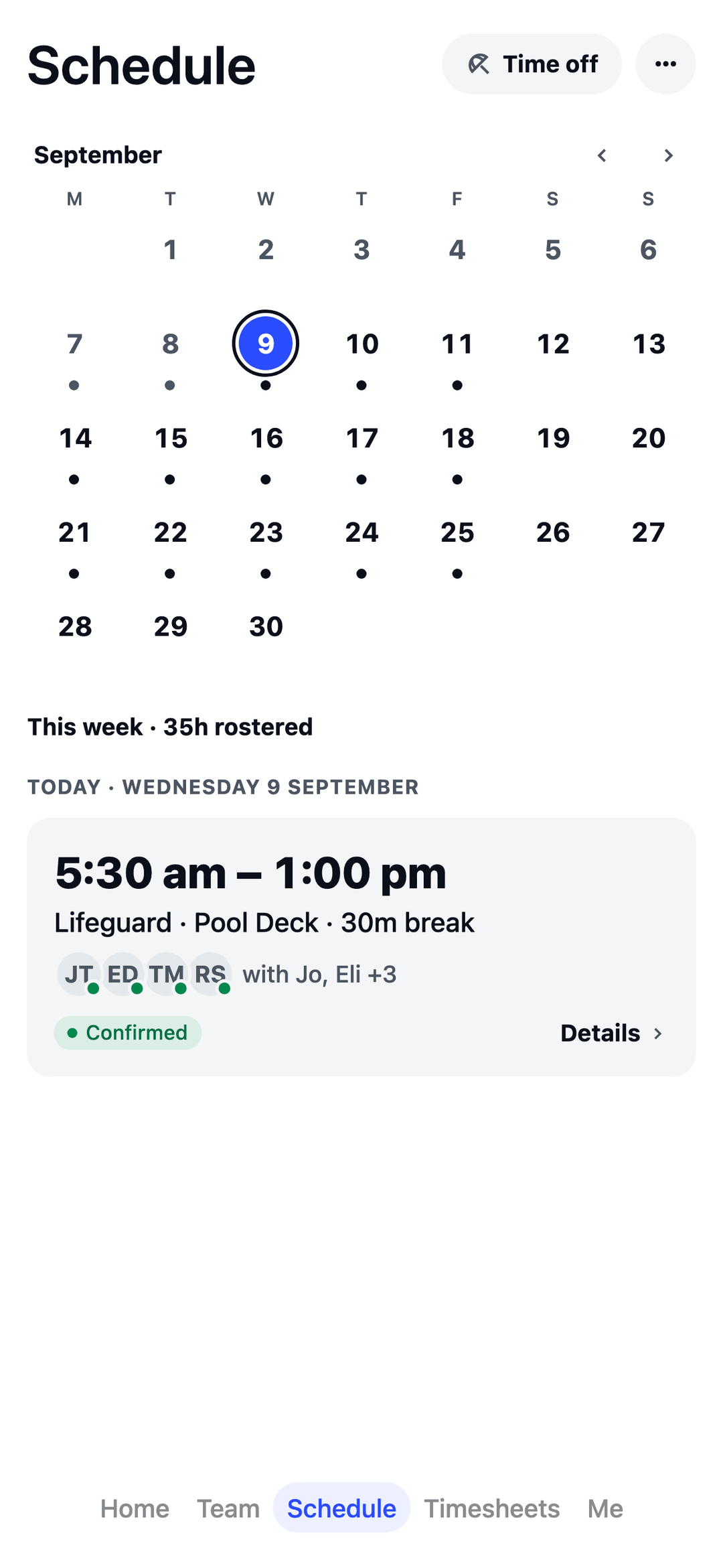 TEAM MATE Schedule screen: a lifeguard's week, with confirmed shifts