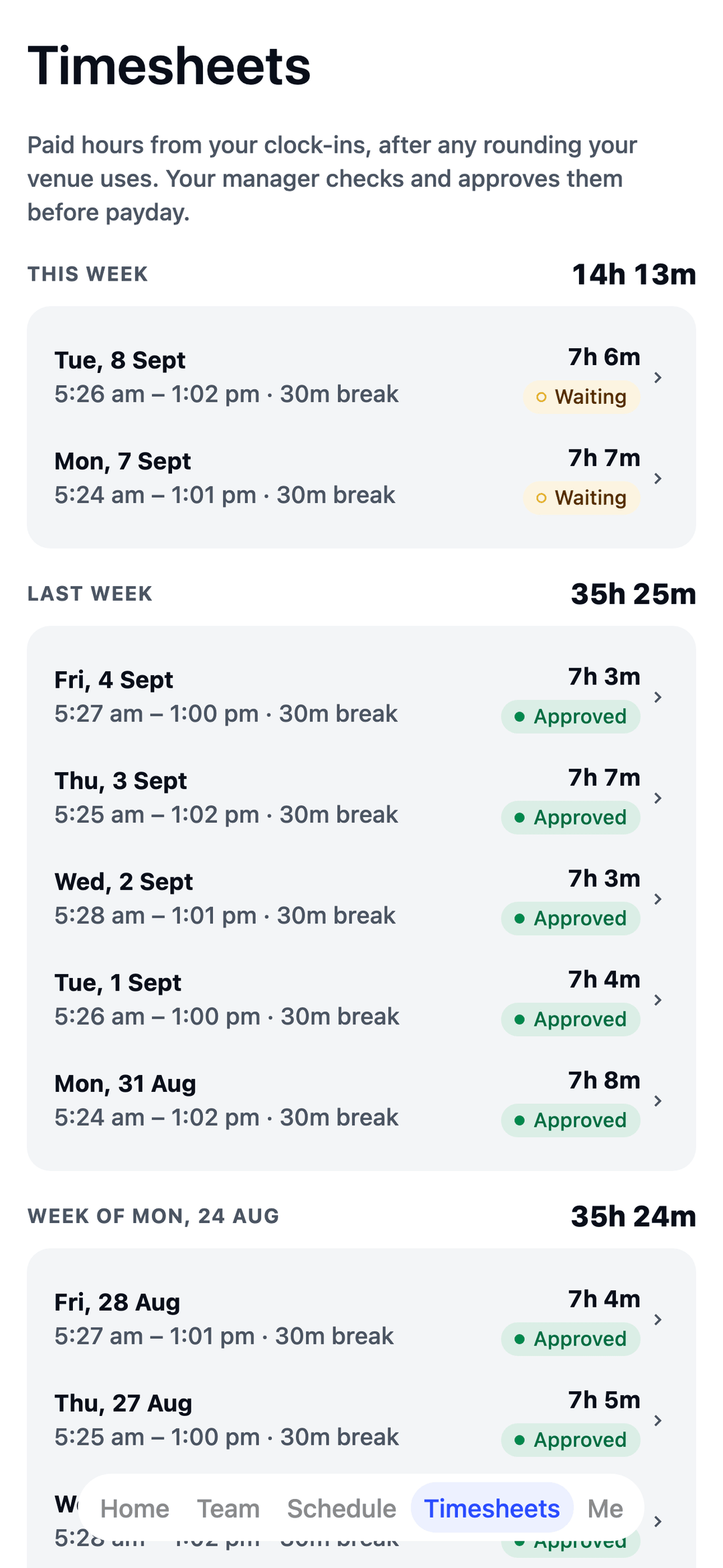 TEAM MATE Timesheets screen: a lifeguard's paid hours, approved by the manager
