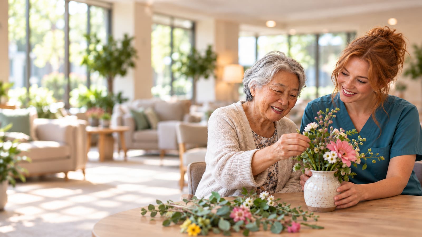 A carer and a resident arranging flowers together in the sunny lounge of an aged care home