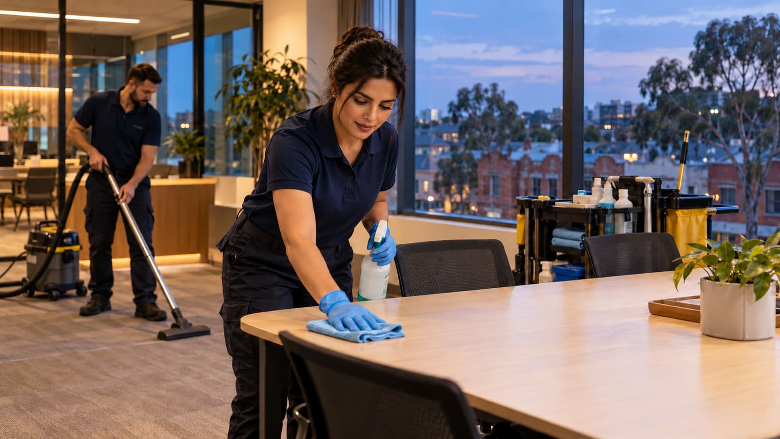 Two cleaners in navy uniforms working in an office after dark: one wiping down a meeting table, one vacuuming, with city lights through the windows