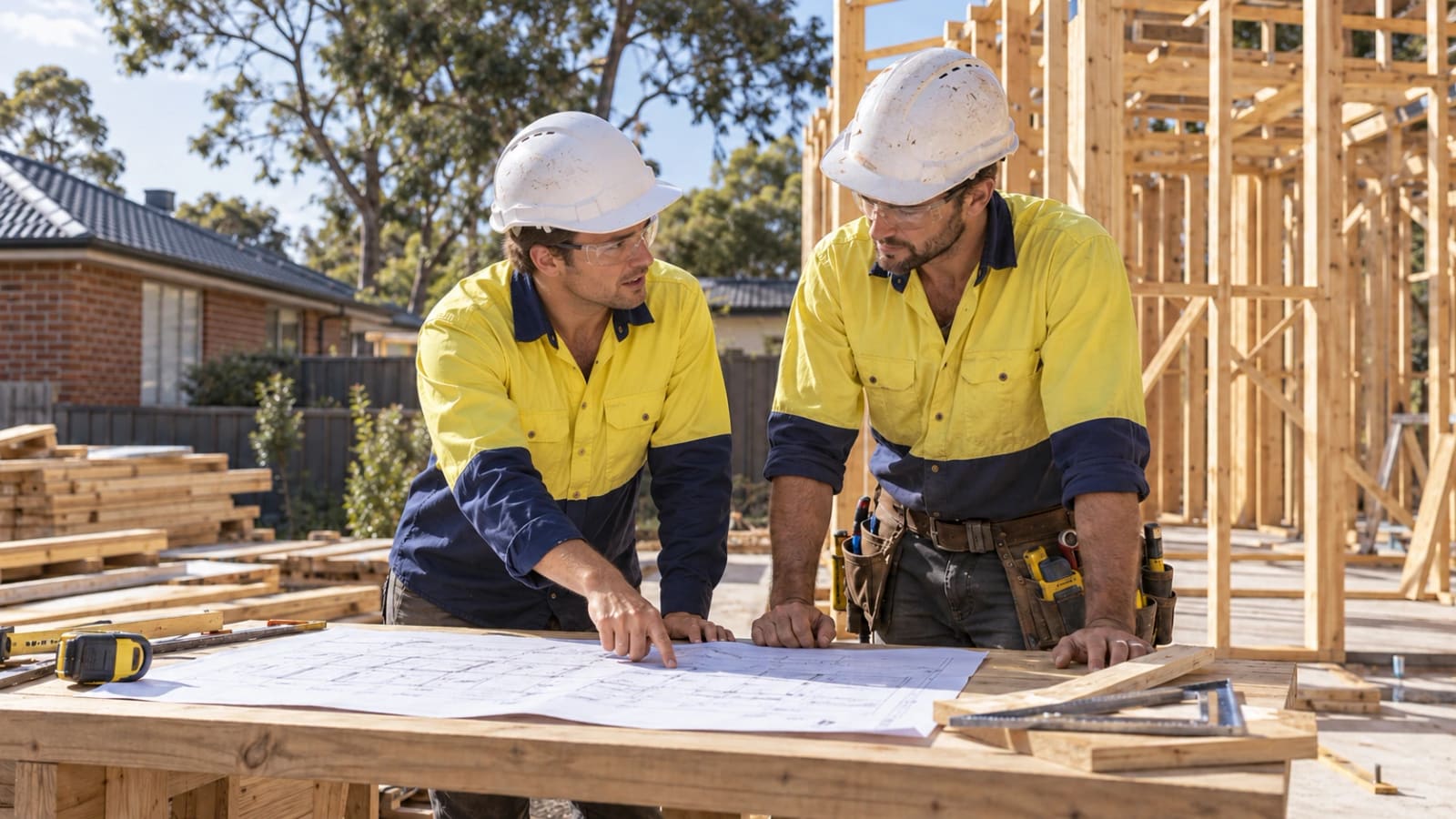 Two builders in hi-vis and hard hats going over plans on a building site, with a timber house frame behind