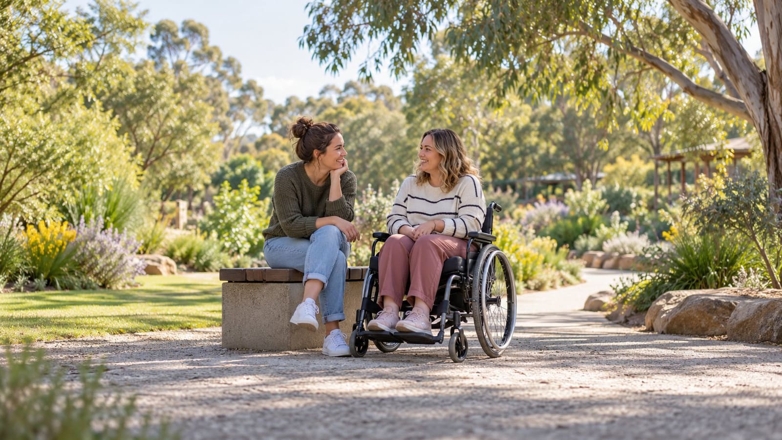 Two women smiling at each other in a park with gum trees, one on a bench and one in a wheelchair