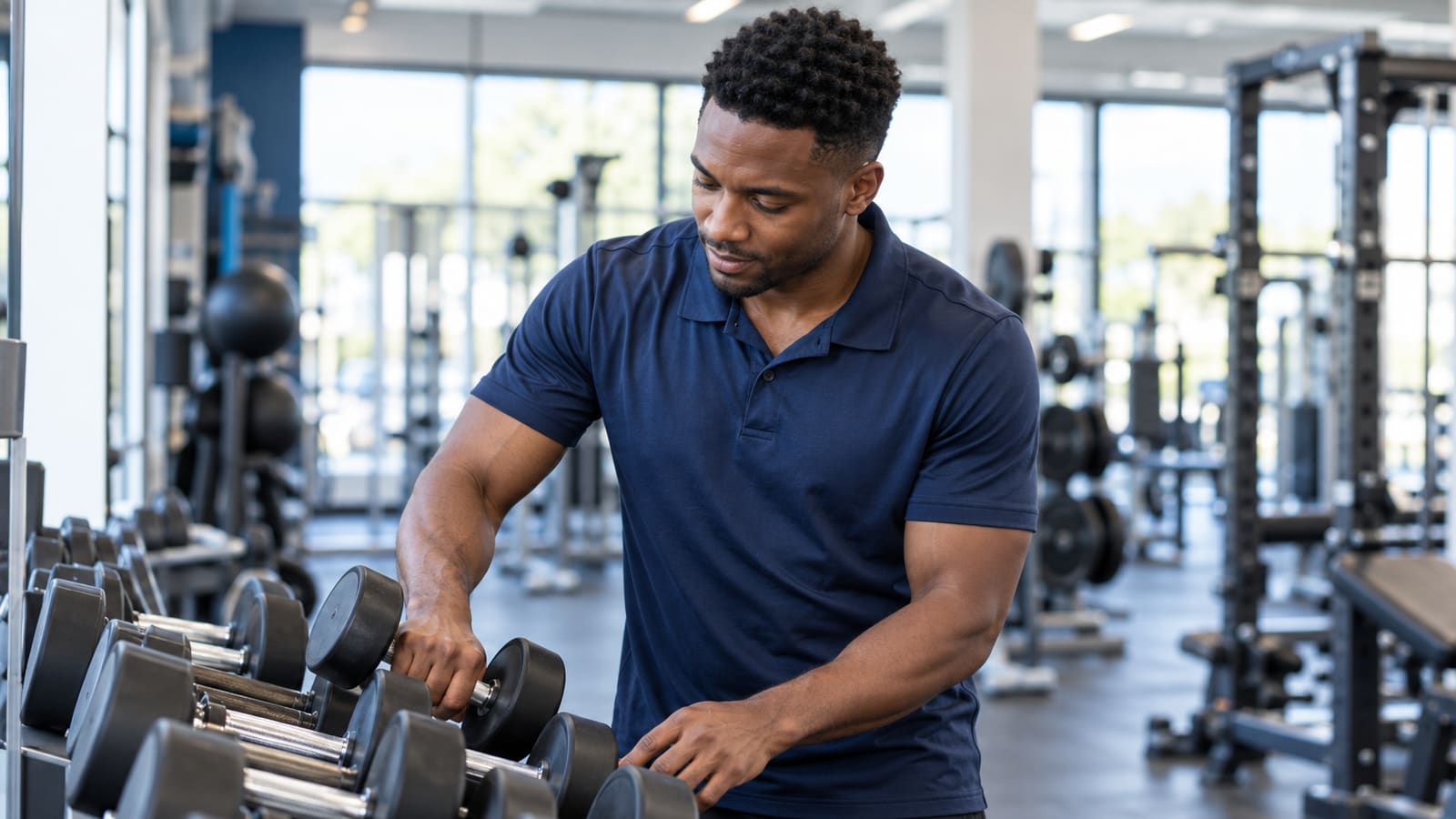 A personal trainer in a navy polo re-racking dumbbells on a bright gym floor