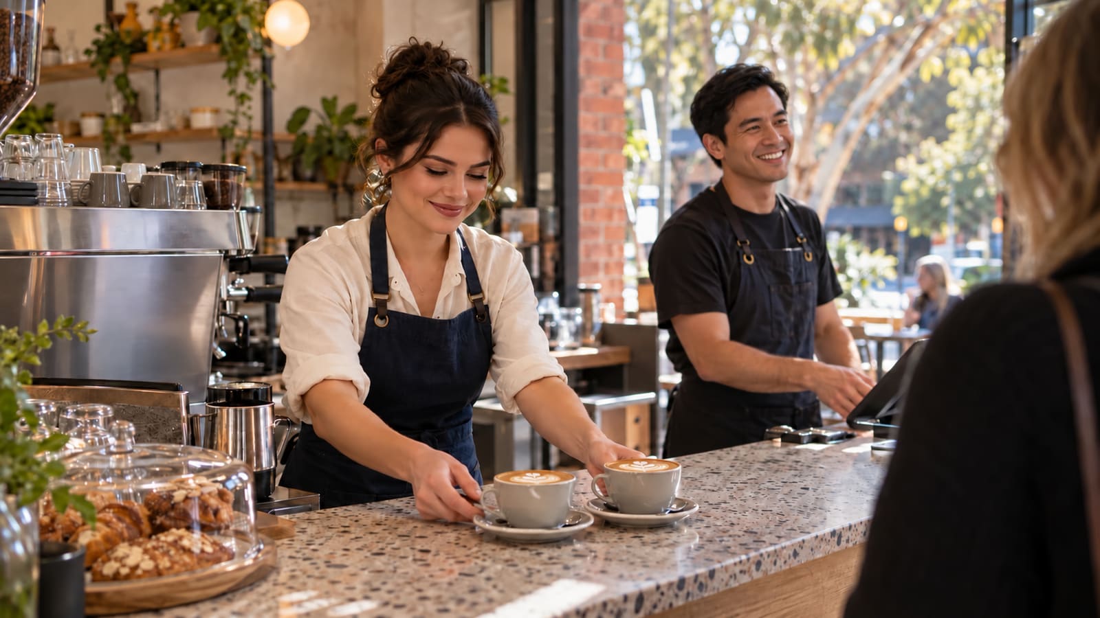 A barista serving two lattes across a terrazzo café counter while a colleague smiles at the till