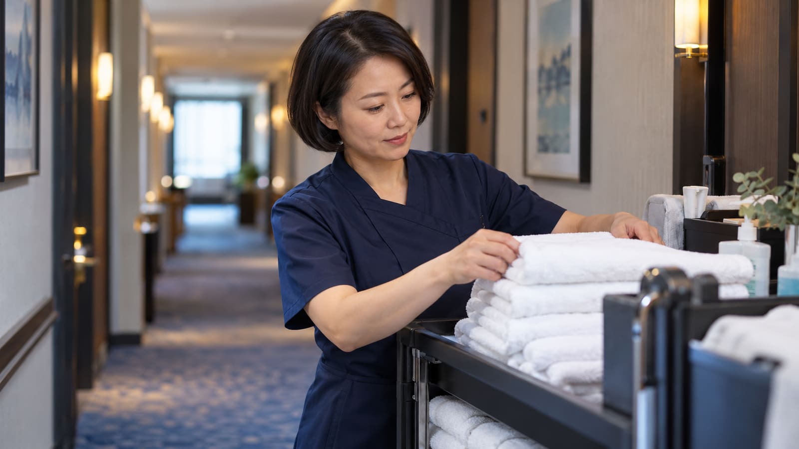 A housekeeper in a navy uniform stacking fresh white towels on her trolley in a softly lit hotel corridor