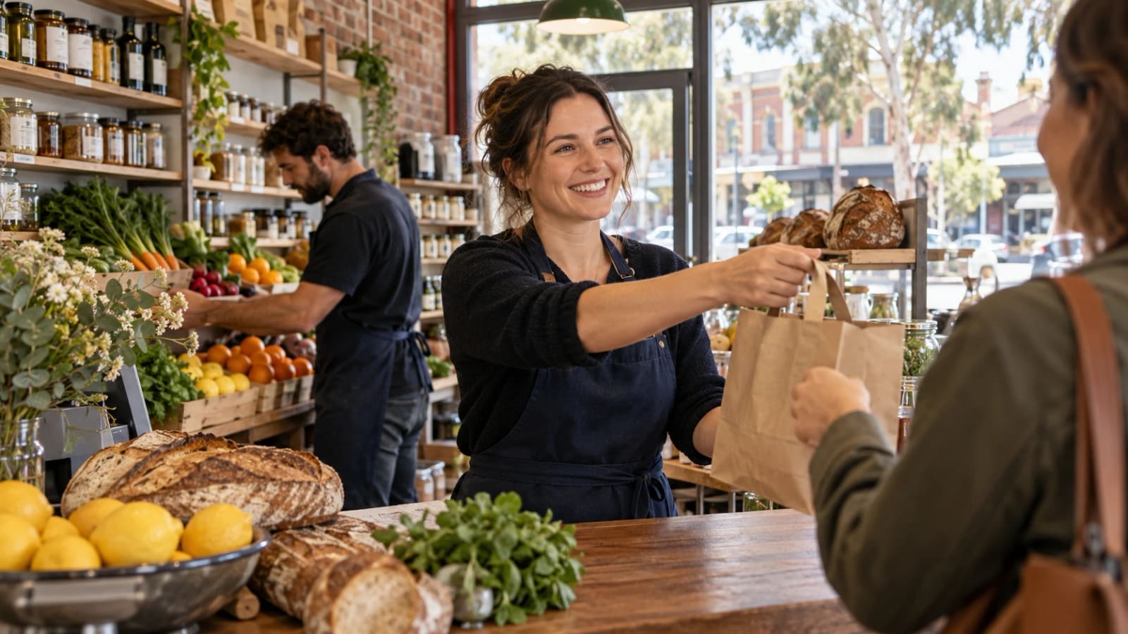A smiling shopkeeper handing a paper bag across the counter of a neighbourhood grocer, with fresh bread, lemons and produce